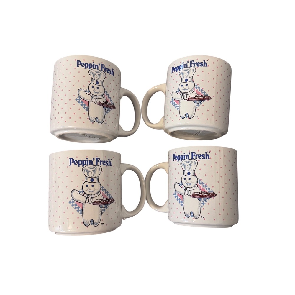 Vintage 1988 Pillsbury Doughboy Poppin Fresh Coffee Mugs Set of 4 Pink Polka Dot